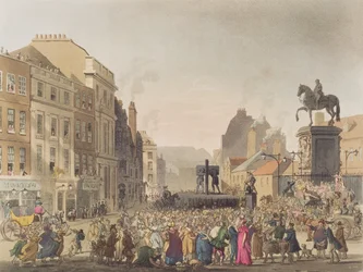 Pręgierz, grawerowany przez J. Blucka (fl.1791-1831) z „Mikrokosmosu Londynu”, wyd. Rudolph Ackermann (1764-1834) 1808 (akwatinta)